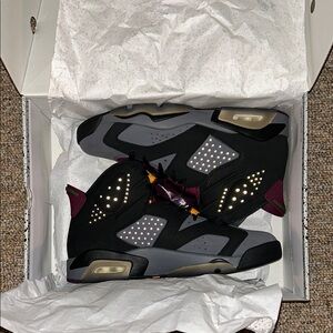 Jordan 6 Retro Black and Gray Sneakers with Maroon Accents